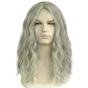 Mens Gray Wig Long Male Sliver Gray Wig Middle Part Old Man 80s Shoulder Length Grey Men Hair Heat Resistant Synthetic for Halloween Cosplay Costume Party