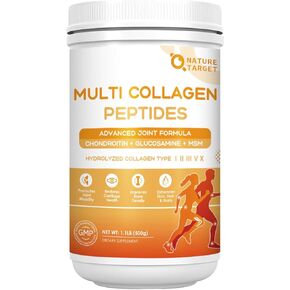 NATURE TARGET Multi-Collagen-Peptides-Powder for Joint Support, Hydrolyzed Collagen for Women Men with MSM + GC, Type I II III V X Collagen for Skin Hair & Nail, Non-GMO, 50 Servings