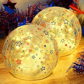 4th of July Table Decorations, Patriotic Decor Crackle Glass Ball Lights, Fourth of July Decorations Indoor Home Outdoor, Independence Day Red White and Blue Decorative Ball with Timer 4''