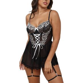 Women Sexy Lingerie Mesh Sleepwear See Through Nighty Babydoll Night Dress Nightwear Chemise Nightgown with Garter
