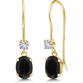 Gem Stone King 14K Yellow Gold Black Onyx and White Created Sapphire French Wire Dangle Earrings For Women (0.90 Cttw, Gemstone December Birthstone, Oval 6X4MM and Round 2.5MM)