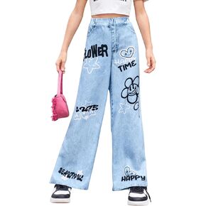 Floerns Girl's Casual Letter Print Elastic Waist Wide Leg Long Pants