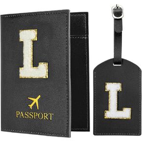 PATIKIL Passport Holder for Travel, Initial Passport Cover and Luggage Tag Set with Alphabet Chenille Letter Patch Travel Wallet Bag Suitcase Identifier for Women Family Travel Black L