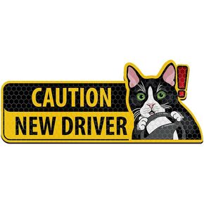 WIRESTER Reflective Student Driver Car Magnet, Reusable Magnetic Bumper Decal Sticker, Funny New Driver Safety Warning Sign for Car - Caution New Driver Tuxedo Cat
