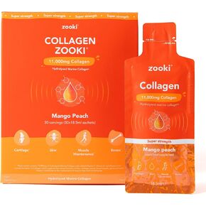 Zooki Super Strength Marine Collagen Liquid Sachets 11,000mg – Great Taste, Sugar Free – Highest Strength Marine Collagen Supplements for Women & Men – Skin, Joints & Hair (Mango Peach, 30 Servings)