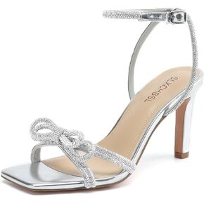 Women's Square Toe Rhinestone Sandals Adjustable Ankle Strappy and Double Bowknots High Heels 3 Inches Bridal Wedding Party prom Slingback Heels sparkly Comfort Shoes for Women in Kuwait