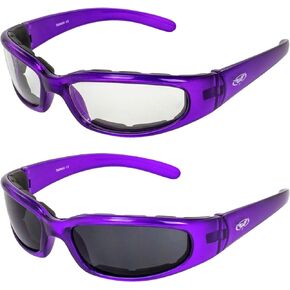 Global Vision 2 Pair Chicago Padded Motorcycle Sunglasses for Women Scratch-Resistant Purple Frame w/Clear & Super Dark Lenses