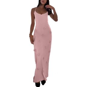 Women's Knit Maxi Dress Spaghetti Strap Floral Dresses Bodycon Knitted Beach Long Dress Backless Swim Cover up Dresses