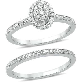 1/4cttw Diamond Halo Oval Engagement Ring with Matching Diamond Wedding Band for Women in 925 Sterling Silver, Women's Silver Oval Wedding Ring Set with Twisted Halo and Diamond Accented Bands