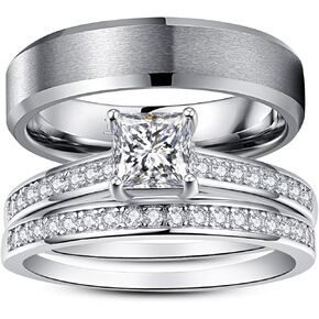 Wedding Rings for Him and Her Promise Rings for Couples Men's Tungsten Band & White Gold Plated 1.35CT Bridal Set with Princess Cut Cubic Zirconia