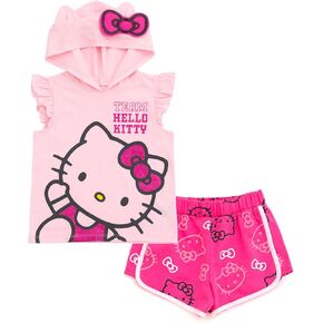Hello Kitty Girls Hooded Cosplay Tank Top and French Terry Dolphin Shorts Outfit Set Toddler to Big Kid Sizes (2T - 14-16)