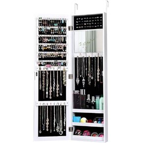 Giantex Wall Door Mounted Mirrored Jewelry Cabinet Jewelry Armoire Storage Organizer with Full Length Mirror Jewelry Cabinets (White)