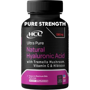 مكملات حمض الهيالورونيك الطبيعي 5x أقوى حبوب ترطيب من فطر تريميلا النقي مع فيتامين C & Hibiscus - كبسولات غذائية مضادة للجلد - أظافر الشعر فيتامينات