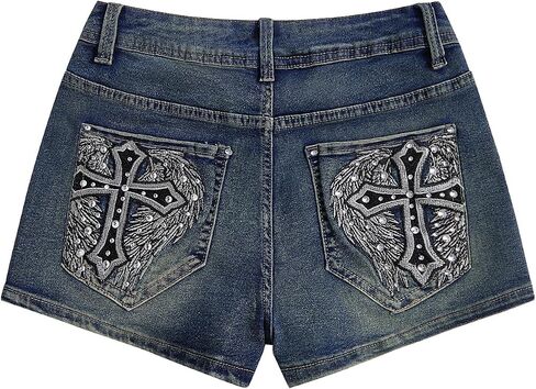 WDIRARA Women's Cross Embroidery Rhinestone Denim Shorts Y2k Grunge Punk Jean Shorts in Saudi Arabia