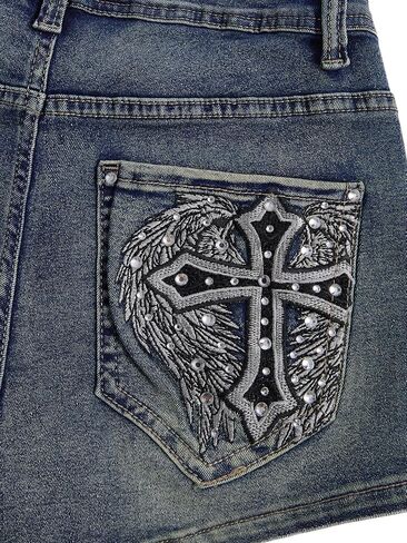 WDIRARA Women's Cross Embroidery Rhinestone Denim Shorts Y2k Grunge Punk Jean Shorts in Saudi Arabia