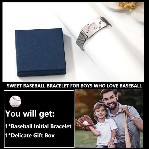 Father's Day Gifts Baseball Initial Bracelet Black/Sliver/Gold Stainless Steel A-Z Letter Charm Bracelets Adjustable Wristbands Baseball Gifts Idea for Players Team Lovers in Saudi Arabia