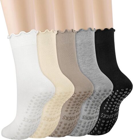 5 Pairs Ruffle Pilates Yoga Socks with Grips for Women, Cute Cotton Frilly Cuff Non Slip Grippy Athletic Crew Socks in Kuwait