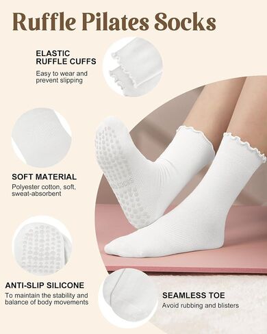 5 Pairs Ruffle Pilates Yoga Socks with Grips for Women, Cute Cotton Frilly Cuff Non Slip Grippy Athletic Crew Socks in Kuwait
