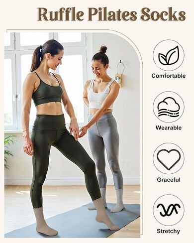 5 Pairs Ruffle Pilates Yoga Socks with Grips for Women, Cute Cotton Frilly Cuff Non Slip Grippy Athletic Crew Socks in Kuwait
