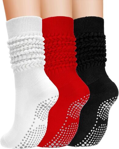 3 Pairs Grip Pilates Socks for Women, Non Slip Yoga Slouch Socks Barre Workout Scrunch Socks in Saudi Arabia