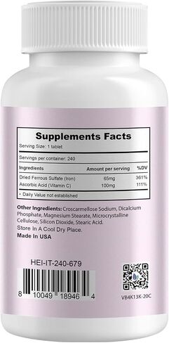 Ferrous Sulfate 325mg (Iron 65mg), High Potency Iron Supplement for Women and Men, Iron Pills with Vitamin C, Ferrous Sulfate, Non-GMO - 240 Tablets Made in USA in Saudi Arabia
