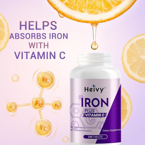 Ferrous Sulfate 325mg (Iron 65mg), High Potency Iron Supplement for Women and Men, Iron Pills with Vitamin C, Ferrous Sulfate, Non-GMO - 240 Tablets Made in USA in Saudi Arabia