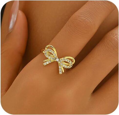 18K Gold Plated Stackable Bow Rings for Women Dainty Adjustable Open Cubic Zirconia Friendship Bow Knot Rings in Kuwait