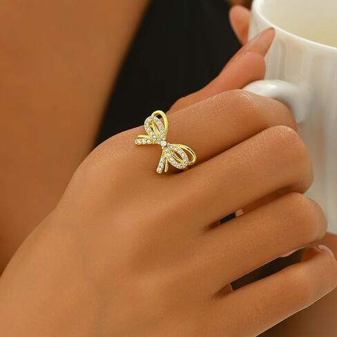 18K Gold Plated Stackable Bow Rings for Women Dainty Adjustable Open Cubic Zirconia Friendship Bow Knot Rings in Kuwait
