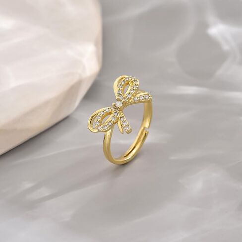 18K Gold Plated Stackable Bow Rings for Women Dainty Adjustable Open Cubic Zirconia Friendship Bow Knot Rings in Kuwait