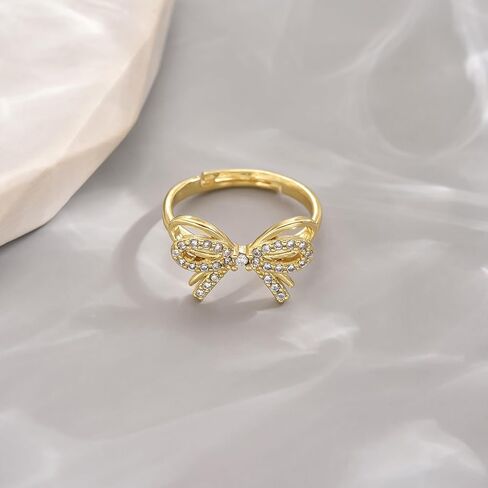 18K Gold Plated Stackable Bow Rings for Women Dainty Adjustable Open Cubic Zirconia Friendship Bow Knot Rings in Kuwait