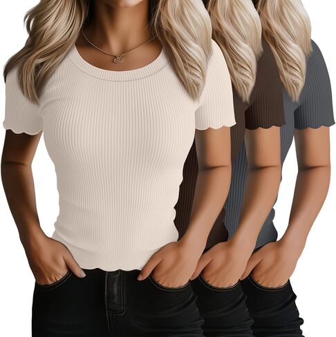 Huukeay 3 Pack Women Women's Rebbed Crop Tops Lettuce Trim Round Dound Dound Short Sleeve Summer Summer Slim Tees Casual Basic Tees in Kuwait