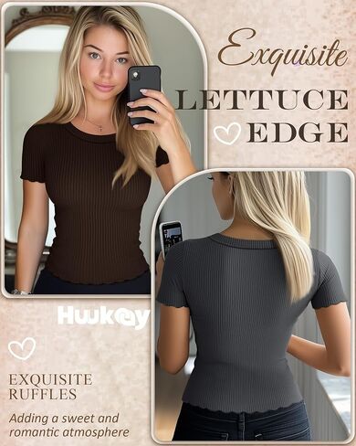 Huukeay 3 Pack Women Women's Rebbed Crop Tops Lettuce Trim Round Dound Dound Short Sleeve Summer Summer Slim Tees Casual Basic Tees in Kuwait