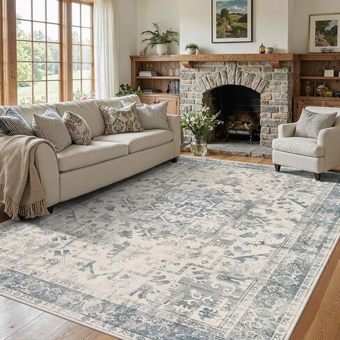 Area Rugs 5x7, Washable Rugs for Living Room, Vintage Boho Light Blue Rug for Office, Dining Room, Kids Room and Farmhouse, Durable Low Pile Non-Slip Area Rug for High Traffic Areas in Saudi Arabia