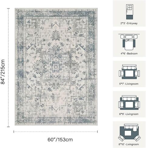 Area Rugs 5x7, Washable Rugs for Living Room, Vintage Boho Light Blue Rug for Office, Dining Room, Kids Room and Farmhouse, Durable Low Pile Non-Slip Area Rug for High Traffic Areas in Saudi Arabia
