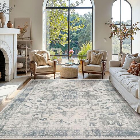 Area Rugs 5x7, Washable Rugs for Living Room, Vintage Boho Light Blue Rug for Office, Dining Room, Kids Room and Farmhouse, Durable Low Pile Non-Slip Area Rug for High Traffic Areas in Saudi Arabia