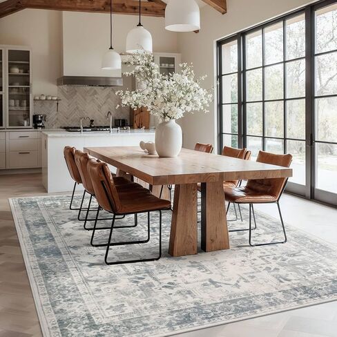 Area Rugs 5x7, Washable Rugs for Living Room, Vintage Boho Light Blue Rug for Office, Dining Room, Kids Room and Farmhouse, Durable Low Pile Non-Slip Area Rug for High Traffic Areas in Saudi Arabia