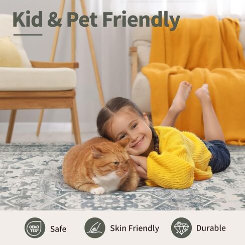 Area Rugs 5x7, Washable Rugs for Living Room, Vintage Boho Light Blue Rug for Office, Dining Room, Kids Room and Farmhouse, Durable Low Pile Non-Slip Area Rug for High Traffic Areas in Saudi Arabia