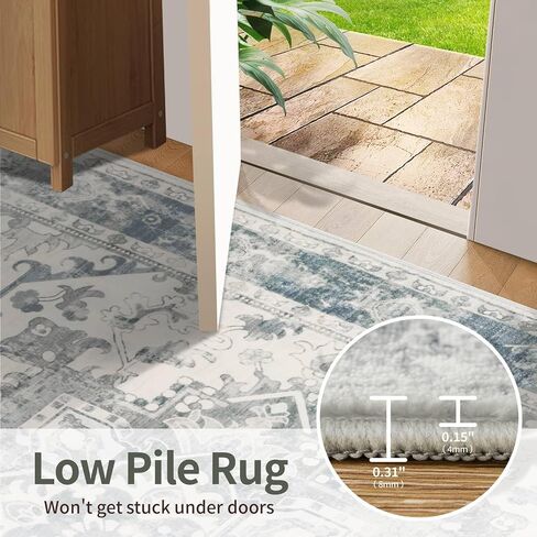 Area Rugs 5x7, Washable Rugs for Living Room, Vintage Boho Light Blue Rug for Office, Dining Room, Kids Room and Farmhouse, Durable Low Pile Non-Slip Area Rug for High Traffic Areas in Saudi Arabia