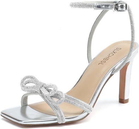 Women's Square Toe Rhinestone Sandals Adjustable Ankle Strappy and Double Bowknots High Heels 3 Inches Bridal Wedding Party prom Slingback Heels sparkly Comfort Shoes for Women in Kuwait