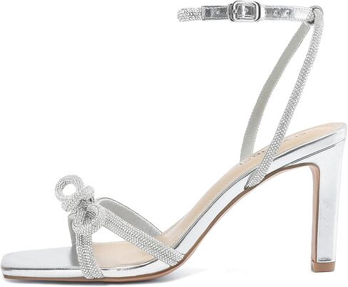 Women's Square Toe Rhinestone Sandals Adjustable Ankle Strappy and Double Bowknots High Heels 3 Inches Bridal Wedding Party prom Slingback Heels sparkly Comfort Shoes for Women in Kuwait