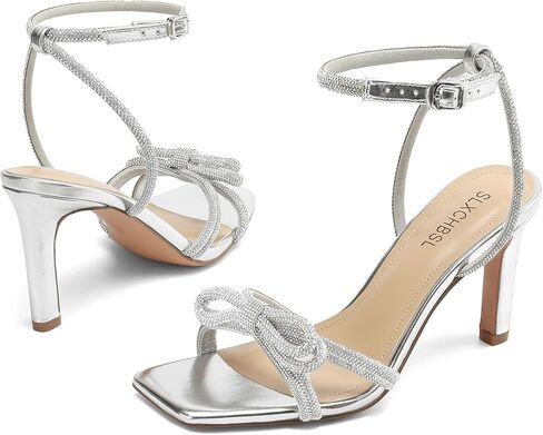 Women's Square Toe Rhinestone Sandals Adjustable Ankle Strappy and Double Bowknots High Heels 3 Inches Bridal Wedding Party prom Slingback Heels sparkly Comfort Shoes for Women in Kuwait