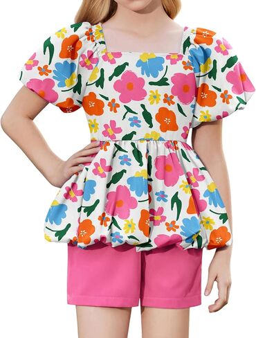 Arshiner Girls 2 Piece Outfits Summer Clothes Square Neck Puffed Sleeve Bubble Hem Tops Shirt and Casual Short Set in Kuwait