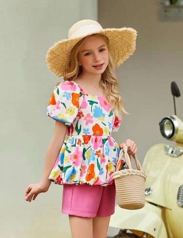 Arshiner Girls 2 Piece Outfits Summer Clothes Square Neck Puffed Sleeve Bubble Hem Tops Shirt and Casual Short Set in Kuwait
