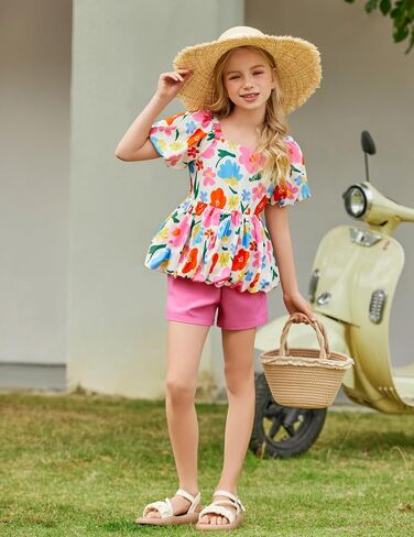 Arshiner Girls 2 Piece Outfits Summer Clothes Square Neck Puffed Sleeve Bubble Hem Tops Shirt and Casual Short Set in Kuwait