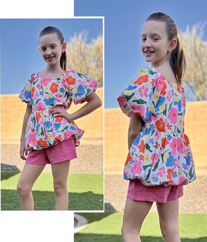 Arshiner Girls 2 Piece Outfits Summer Clothes Square Neck Puffed Sleeve Bubble Hem Tops Shirt and Casual Short Set in Kuwait