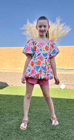 Arshiner Girls 2 Piece Outfits Summer Clothes Square Neck Puffed Sleeve Bubble Hem Tops Shirt and Casual Short Set in Kuwait