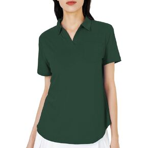 Women's V-Neck Ruffle Design Polo Shirts Short Sleeve Collared Loose Casual Tunic Blouses with Pocket