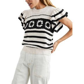 Yeokou Womens Crochet Sweater Top Short Flutter Crew Neck Summer Summ