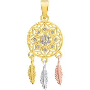 14k Yellow Gold Cubic-Zirconia Native American Tri-Tone Dreamcatcher Pendant