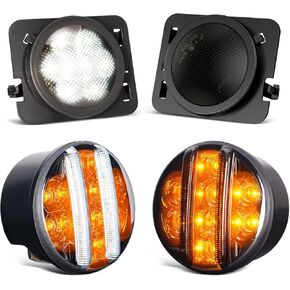 LED White Front Fender Side Marker Lights & Amber Turn Signal w/White Parking Lights Compatible with 2007-2018 Wrangler JK JKU, 4 Pcs Per Set, Smoked Len